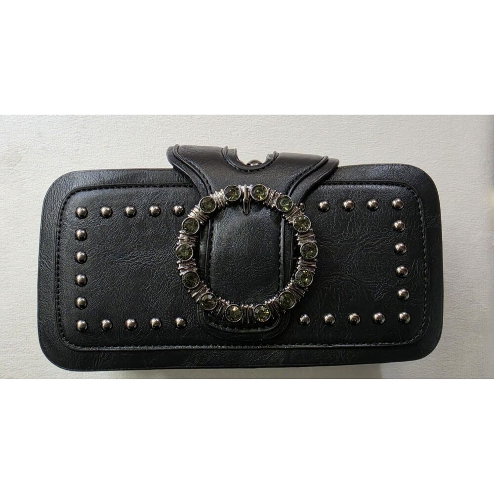 Black Studded Shoulder Bag Decorative Ring Detachable Strap Silver Hardware